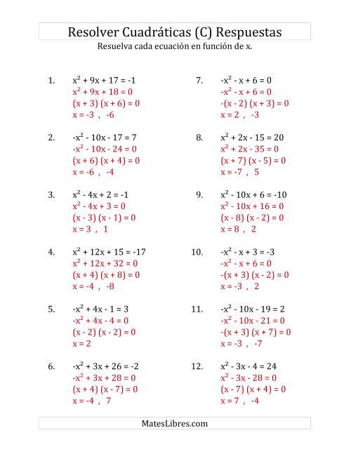 La hoja de ejercicios de Resolver Ecuaciones Cuadráticas Iguales a Un Número Entero, con Coeficientes Principales entre -1 y 1 (C) Página 2