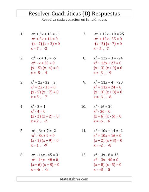 La hoja de ejercicios de Resolver Ecuaciones Cuadráticas Iguales a Un Número Entero, con Coeficientes Principales entre -1 y 1 (D) Página 2