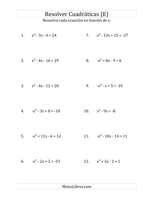 La hoja de ejercicios de Resolver Ecuaciones Cuadráticas Iguales a Un Número Entero, con Coeficientes Principales entre -1 y 1 (E)