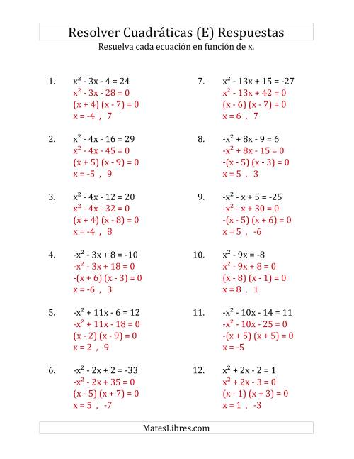 La hoja de ejercicios de Resolver Ecuaciones Cuadráticas Iguales a Un Número Entero, con Coeficientes Principales entre -1 y 1 (E) Página 2