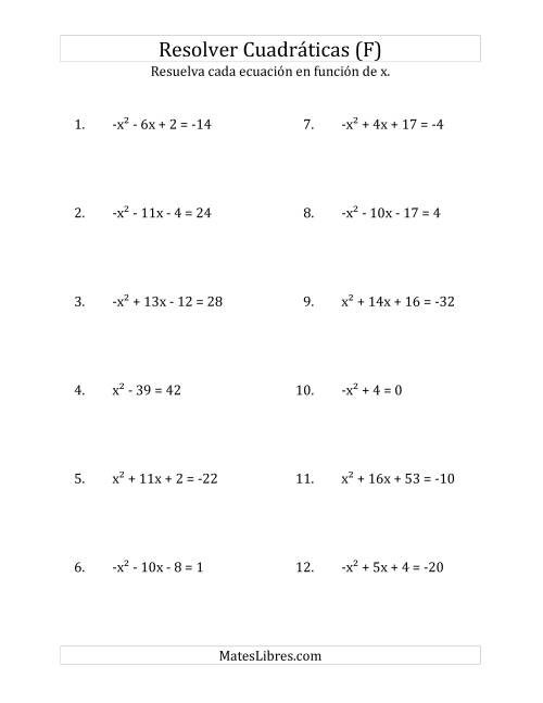 La hoja de ejercicios de Resolver Ecuaciones Cuadráticas Iguales a Un Número Entero, con Coeficientes Principales entre -1 y 1 (F)
