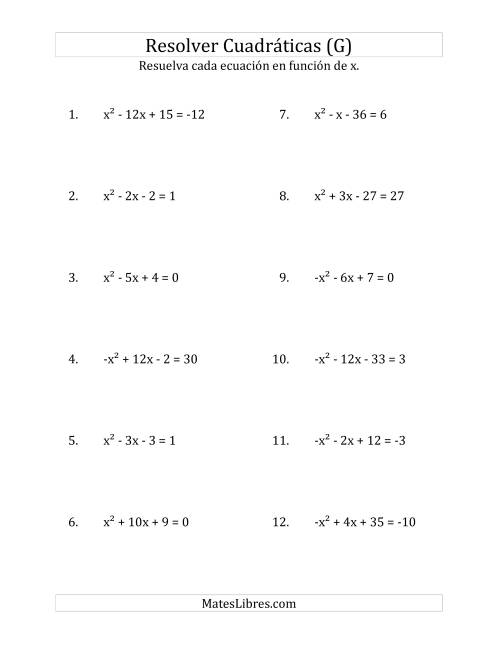 La hoja de ejercicios de Resolver Ecuaciones Cuadráticas Iguales a Un Número Entero, con Coeficientes Principales entre -1 y 1 (G)