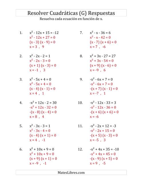 La hoja de ejercicios de Resolver Ecuaciones Cuadráticas Iguales a Un Número Entero, con Coeficientes Principales entre -1 y 1 (G) Página 2