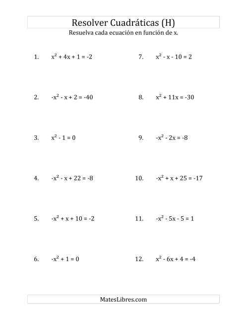 La hoja de ejercicios de Resolver Ecuaciones Cuadráticas Iguales a Un Número Entero, con Coeficientes Principales entre -1 y 1 (H)