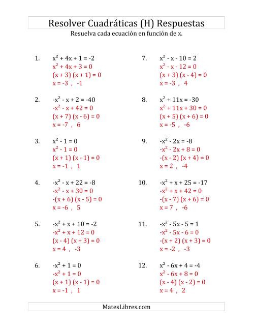 La hoja de ejercicios de Resolver Ecuaciones Cuadráticas Iguales a Un Número Entero, con Coeficientes Principales entre -1 y 1 (H) Página 2