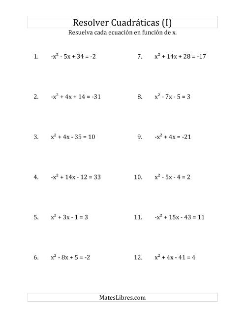 La hoja de ejercicios de Resolver Ecuaciones Cuadráticas Iguales a Un Número Entero, con Coeficientes Principales entre -1 y 1 (I)