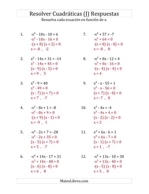 La hoja de ejercicios de Resolver Ecuaciones Cuadráticas Iguales a Un Número Entero, con Coeficientes Principales entre -1 y 1 (J) Página 2