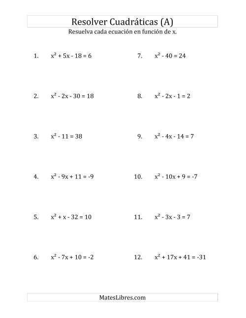 La hoja de ejercicios de Resolver Ecuaciones Cuadráticas Iguales a Un Número Entero, con Coeficientes Principales Iguales a 1 (A)