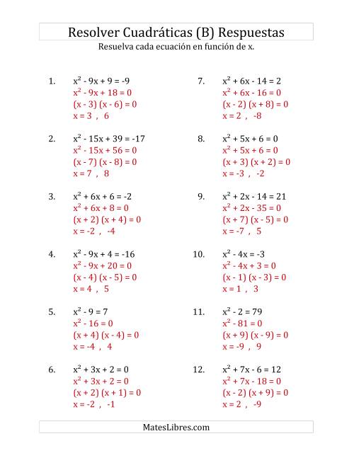 La hoja de ejercicios de Resolver Ecuaciones Cuadráticas Iguales a Un Número Entero, con Coeficientes Principales Iguales a 1 (B) Página 2