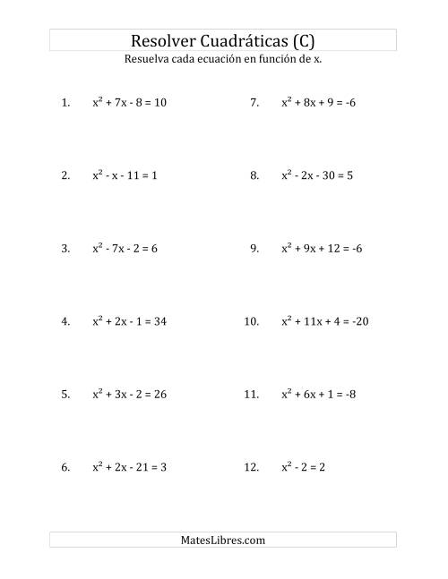 La hoja de ejercicios de Resolver Ecuaciones Cuadráticas Iguales a Un Número Entero, con Coeficientes Principales Iguales a 1 (C)