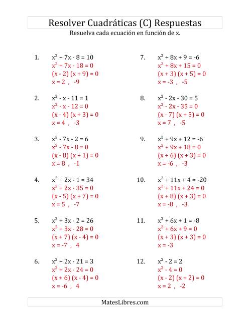 La hoja de ejercicios de Resolver Ecuaciones Cuadráticas Iguales a Un Número Entero, con Coeficientes Principales Iguales a 1 (C) Página 2