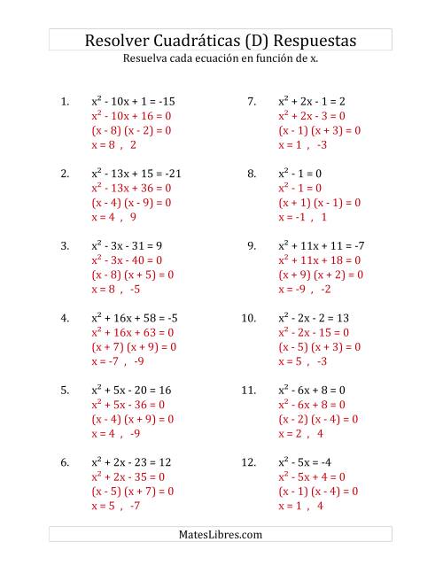La hoja de ejercicios de Resolver Ecuaciones Cuadráticas Iguales a Un Número Entero, con Coeficientes Principales Iguales a 1 (D) Página 2