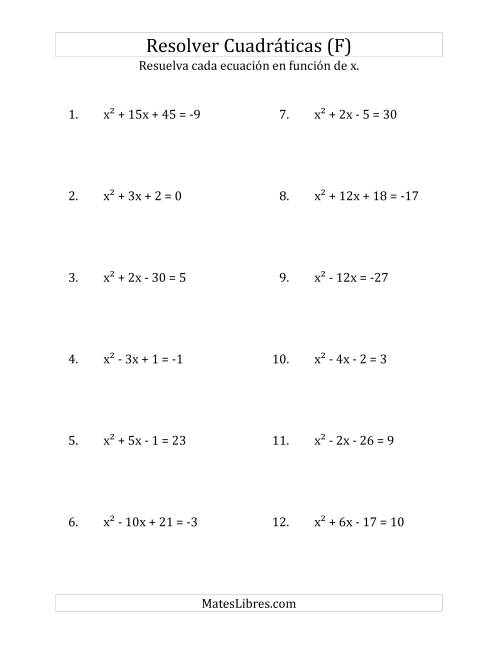 La hoja de ejercicios de Resolver Ecuaciones Cuadráticas Iguales a Un Número Entero, con Coeficientes Principales Iguales a 1 (F)