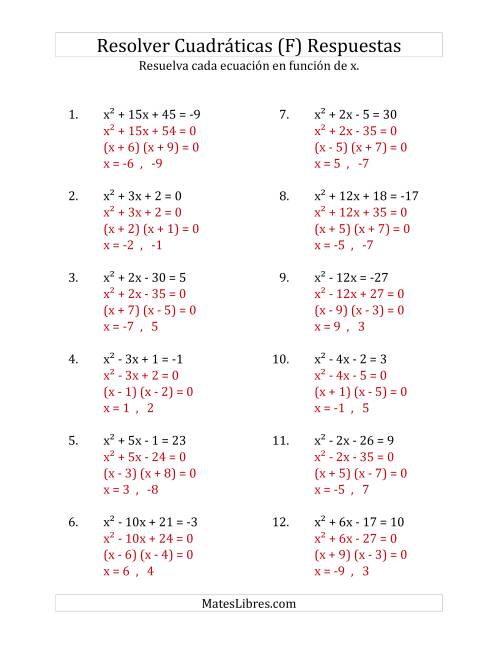 La hoja de ejercicios de Resolver Ecuaciones Cuadráticas Iguales a Un Número Entero, con Coeficientes Principales Iguales a 1 (F) Página 2