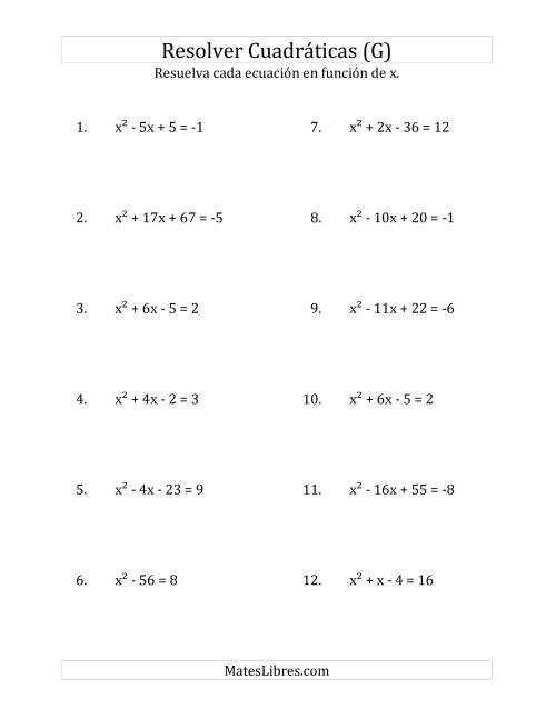La hoja de ejercicios de Resolver Ecuaciones Cuadráticas Iguales a Un Número Entero, con Coeficientes Principales Iguales a 1 (G)