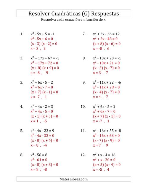 La hoja de ejercicios de Resolver Ecuaciones Cuadráticas Iguales a Un Número Entero, con Coeficientes Principales Iguales a 1 (G) Página 2