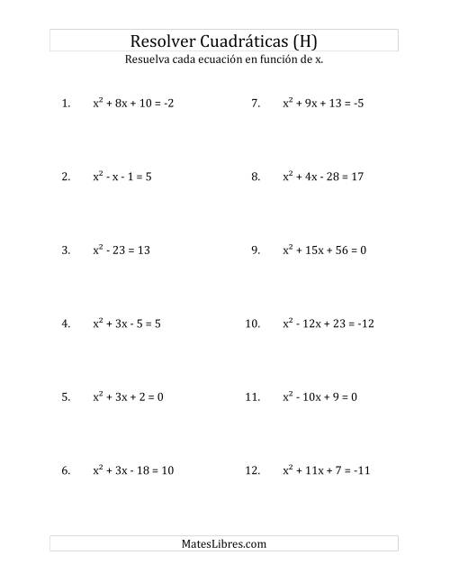 La hoja de ejercicios de Resolver Ecuaciones Cuadráticas Iguales a Un Número Entero, con Coeficientes Principales Iguales a 1 (H)