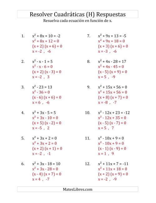 La hoja de ejercicios de Resolver Ecuaciones Cuadráticas Iguales a Un Número Entero, con Coeficientes Principales Iguales a 1 (H) Página 2