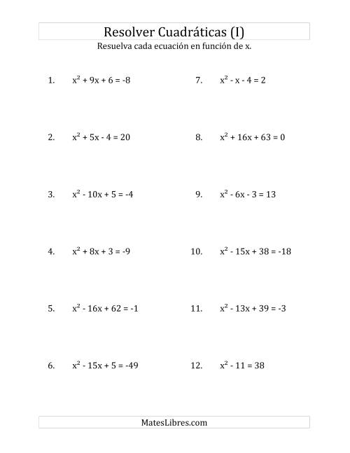 La hoja de ejercicios de Resolver Ecuaciones Cuadráticas Iguales a Un Número Entero, con Coeficientes Principales Iguales a 1 (I)