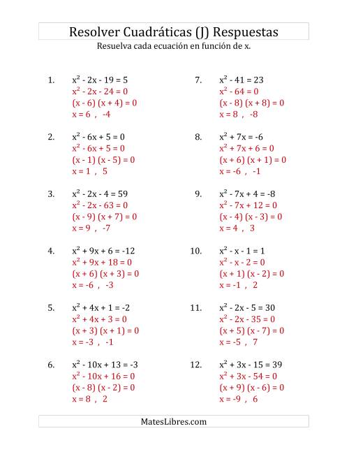 La hoja de ejercicios de Resolver Ecuaciones Cuadráticas Iguales a Un Número Entero, con Coeficientes Principales Iguales a 1 (J) Página 2