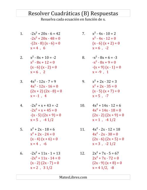 La hoja de ejercicios de Resolver Ecuaciones Cuadráticas Iguales a Un Número Entero, con Coeficientes Principales entre -4 y 4 (B) Página 2