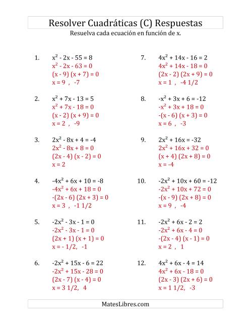 La hoja de ejercicios de Resolver Ecuaciones Cuadráticas Iguales a Un Número Entero, con Coeficientes Principales entre -4 y 4 (C) Página 2