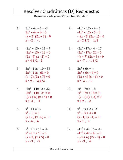 La hoja de ejercicios de Resolver Ecuaciones Cuadráticas Iguales a Un Número Entero, con Coeficientes Principales entre -4 y 4 (D) Página 2