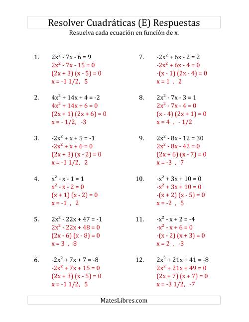 La hoja de ejercicios de Resolver Ecuaciones Cuadráticas Iguales a Un Número Entero, con Coeficientes Principales entre -4 y 4 (E) Página 2