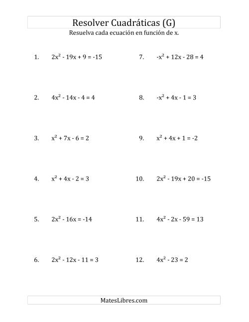 La hoja de ejercicios de Resolver Ecuaciones Cuadráticas Iguales a Un Número Entero, con Coeficientes Principales entre -4 y 4 (G)