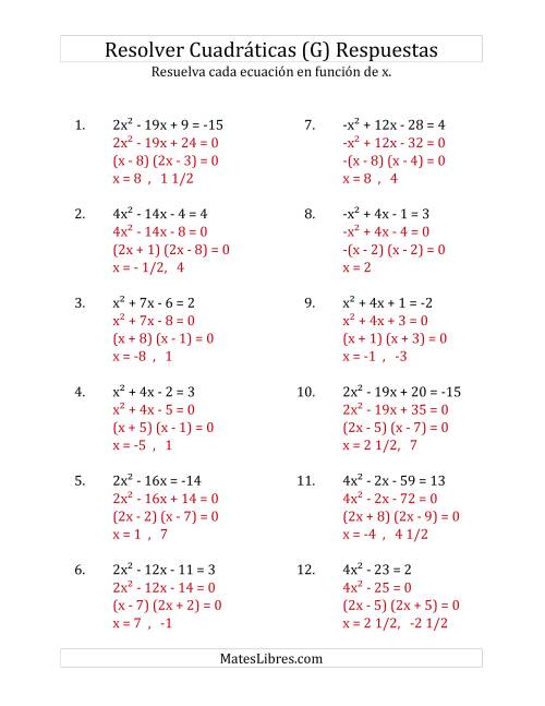 La hoja de ejercicios de Resolver Ecuaciones Cuadráticas Iguales a Un Número Entero, con Coeficientes Principales entre -4 y 4 (G) Página 2