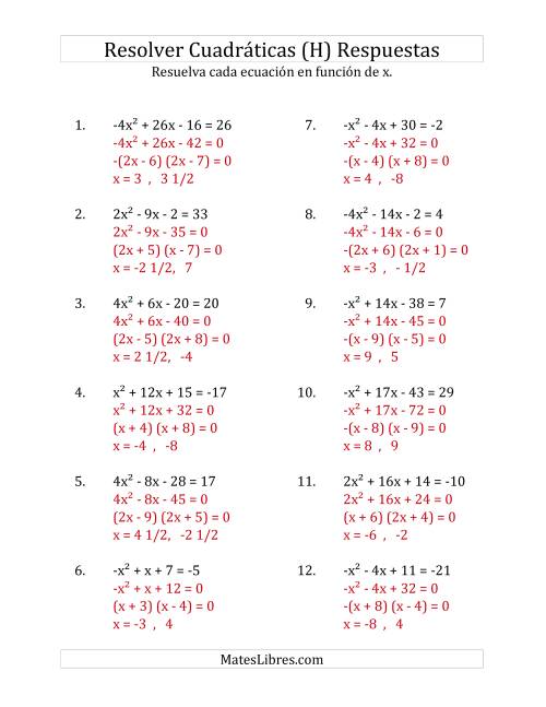 La hoja de ejercicios de Resolver Ecuaciones Cuadráticas Iguales a Un Número Entero, con Coeficientes Principales entre -4 y 4 (H) Página 2