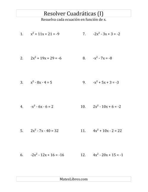 La hoja de ejercicios de Resolver Ecuaciones Cuadráticas Iguales a Un Número Entero, con Coeficientes Principales entre -4 y 4 (I)