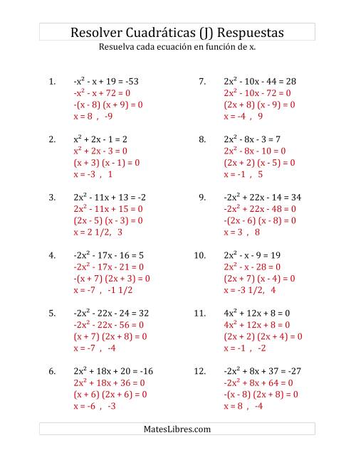 La hoja de ejercicios de Resolver Ecuaciones Cuadráticas Iguales a Un Número Entero, con Coeficientes Principales entre -4 y 4 (J) Página 2