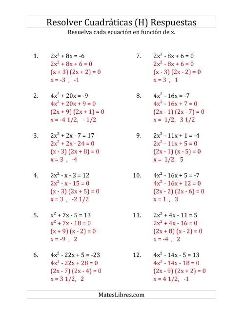 La hoja de ejercicios de Resolver Ecuaciones Cuadráticas Iguales a Un Número Entero, con Coeficientes Principales Menores que o Iguales a 4 (H) Página 2