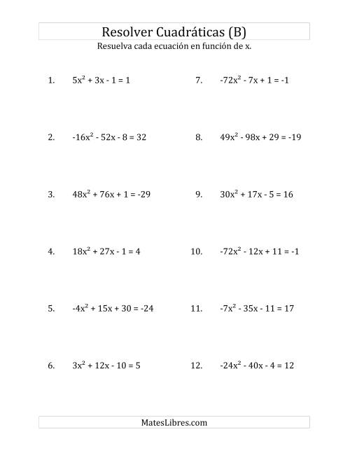 La hoja de ejercicios de Resolver Ecuaciones Cuadráticas Iguales a Un Número Entero, con Coeficientes Principales entre -81 y 81 (B)
