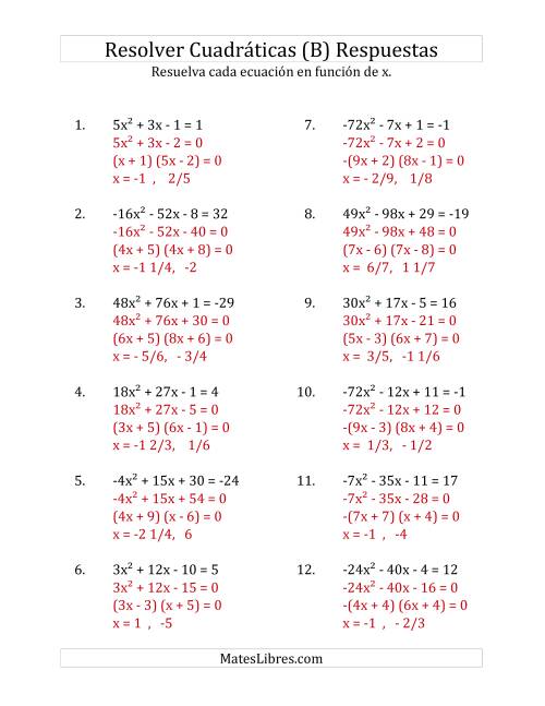 La hoja de ejercicios de Resolver Ecuaciones Cuadráticas Iguales a Un Número Entero, con Coeficientes Principales entre -81 y 81 (B) Página 2