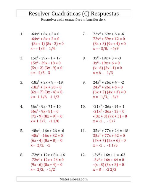 La hoja de ejercicios de Resolver Ecuaciones Cuadráticas Iguales a Un Número Entero, con Coeficientes Principales entre -81 y 81 (C) Página 2