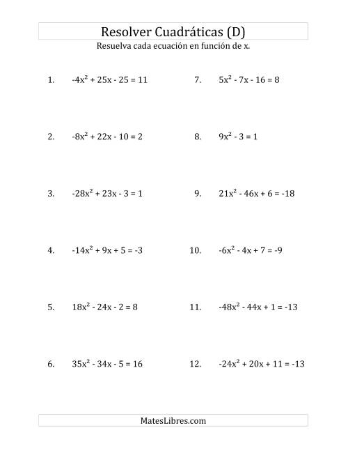 La hoja de ejercicios de Resolver Ecuaciones Cuadráticas Iguales a Un Número Entero, con Coeficientes Principales entre -81 y 81 (D)