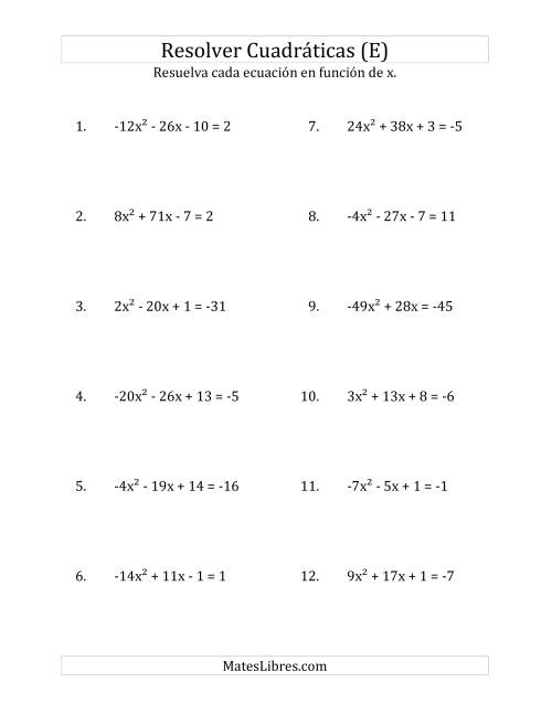La hoja de ejercicios de Resolver Ecuaciones Cuadráticas Iguales a Un Número Entero, con Coeficientes Principales entre -81 y 81 (E)