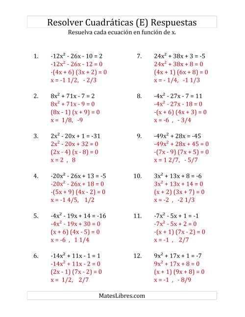 La hoja de ejercicios de Resolver Ecuaciones Cuadráticas Iguales a Un Número Entero, con Coeficientes Principales entre -81 y 81 (E) Página 2