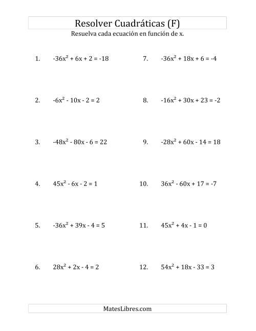 La hoja de ejercicios de Resolver Ecuaciones Cuadráticas Iguales a Un Número Entero, con Coeficientes Principales entre -81 y 81 (F)