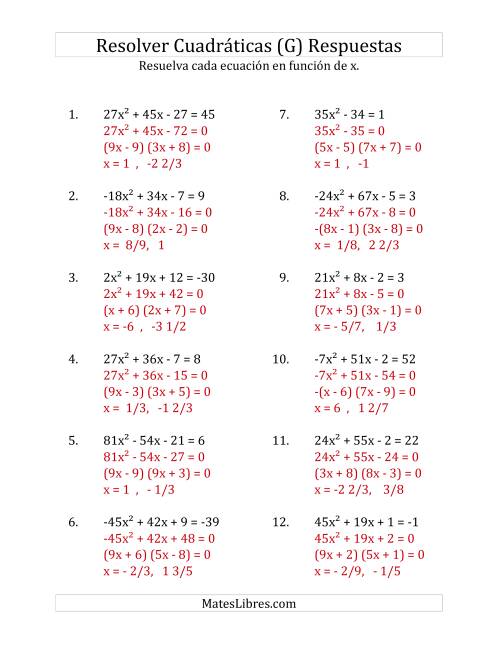 La hoja de ejercicios de Resolver Ecuaciones Cuadráticas Iguales a Un Número Entero, con Coeficientes Principales entre -81 y 81 (G) Página 2