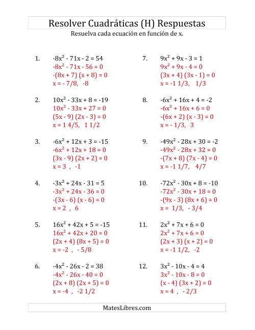 La hoja de ejercicios de Resolver Ecuaciones Cuadráticas Iguales a Un Número Entero, con Coeficientes Principales entre -81 y 81 (H) Página 2
