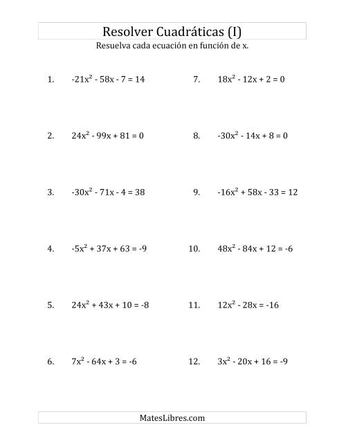 La hoja de ejercicios de Resolver Ecuaciones Cuadráticas Iguales a Un Número Entero, con Coeficientes Principales entre -81 y 81 (I)