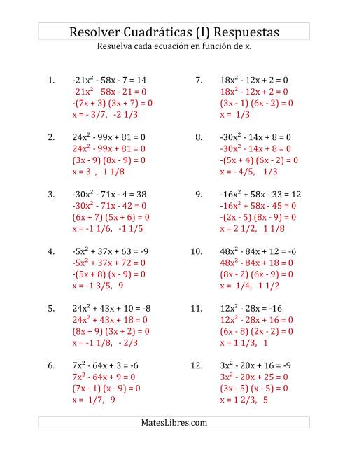 La hoja de ejercicios de Resolver Ecuaciones Cuadráticas Iguales a Un Número Entero, con Coeficientes Principales entre -81 y 81 (I) Página 2