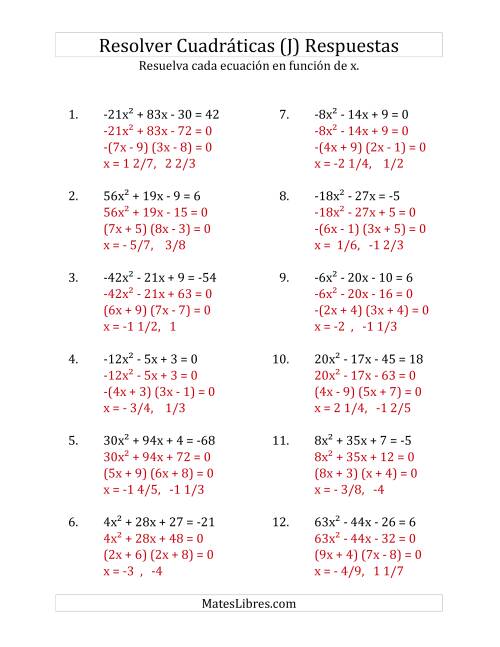 La hoja de ejercicios de Resolver Ecuaciones Cuadráticas Iguales a Un Número Entero, con Coeficientes Principales entre -81 y 81 (J) Página 2