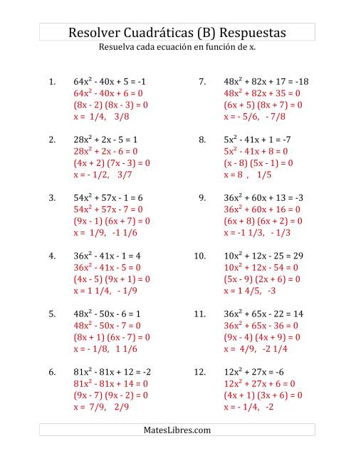 La hoja de ejercicios de Resolver Ecuaciones Cuadráticas Iguales a Un Número Entero, con Coeficientes Principales Menores que o Iguales a 81 (B) Página 2