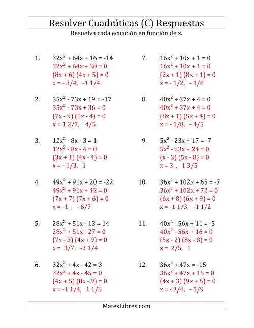 La hoja de ejercicios de Resolver Ecuaciones Cuadráticas Iguales a Un Número Entero, con Coeficientes Principales Menores que o Iguales a 81 (C) Página 2