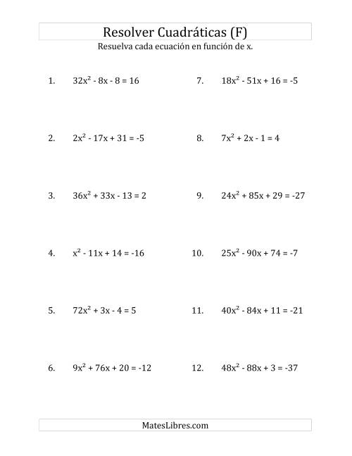 La hoja de ejercicios de Resolver Ecuaciones Cuadráticas Iguales a Un Número Entero, con Coeficientes Principales Menores que o Iguales a 81 (F)
