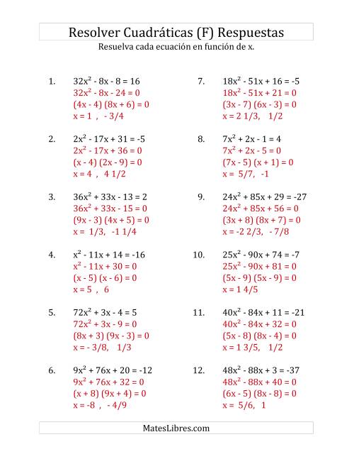 La hoja de ejercicios de Resolver Ecuaciones Cuadráticas Iguales a Un Número Entero, con Coeficientes Principales Menores que o Iguales a 81 (F) Página 2